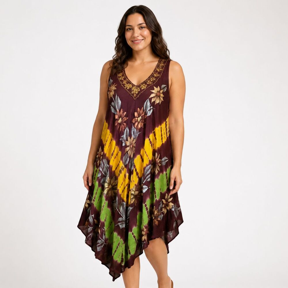 Free Size Tie Dye Brown Embroidered Floral Lightweight Dress Hippie Festival